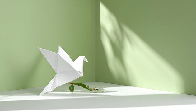 Origami white paper bird figure.