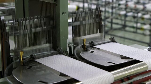 Two automated industrial weaving machines producing technical medical fabric inside a modern manufacturing facility. High-speed textile production process for healthcare and industrial applications.