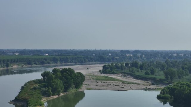 Po River reveals extensive exposed sandbanks, gravel bars and isolated secondary channels during the June 2026 heatwave near Castelvetro Piacentino, Emilia-Romagna, Italy, highlighting record low wate