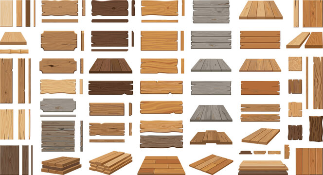 Rustic wooden planks and timber board elements vector set featuring old textured signboards blank banners parquet panels perspective tabletops and carpentry blocks