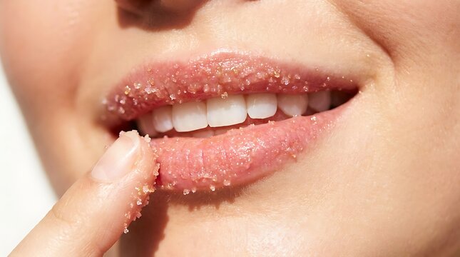 Lip Scrub Application Close Up of Woman Exfoliating Lips with Sugar Particles for Skincare