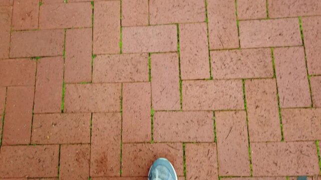 Personal top down point of view of feet walking on a brick pavement. Feet in sneakers stepping forward on a red sidewalk with moss growing