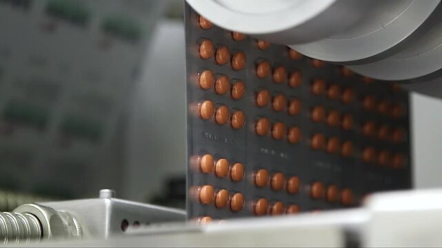 Close-up of pharmaceutical blister packs filled with tablets moving through an automated packaging machine during medicine production in a modern pharmaceutical factory.