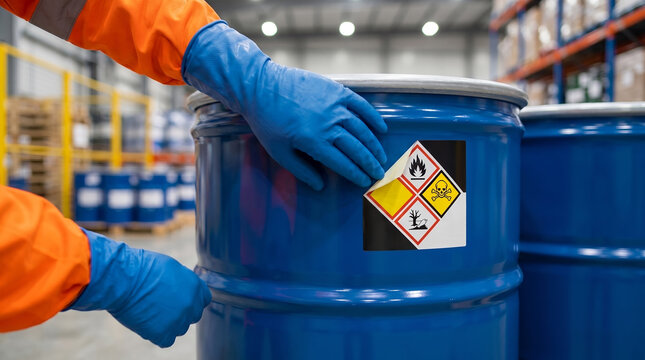 Blue metal chemical drum container, with multi hazard warning symbol sticker, gloved worker hands applying safety label, in industrial chemical storage warehouse, occupational safety photography