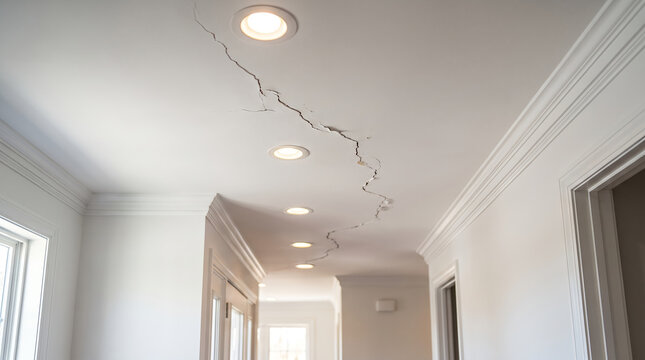 Cracked drywall ceiling in hallway, with recessed lights along long fracture, running across indoor surface, in modern residential home interior, interior architecture photography