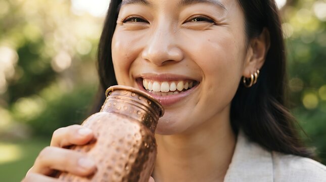 Smiling Asian Woman Drinking From Copper Water Bottle Outdoors For Wellness And Hydration