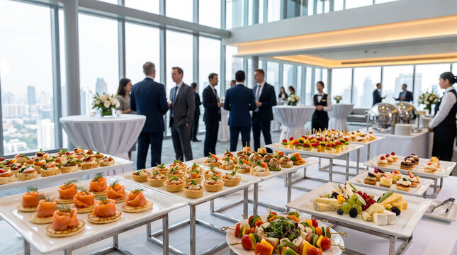 Catering buffet appetizer table spread, with gourmet canapes arranged on trays, displayed before blurred corporate guests, in high-rise skyscraper event room, business reception photography