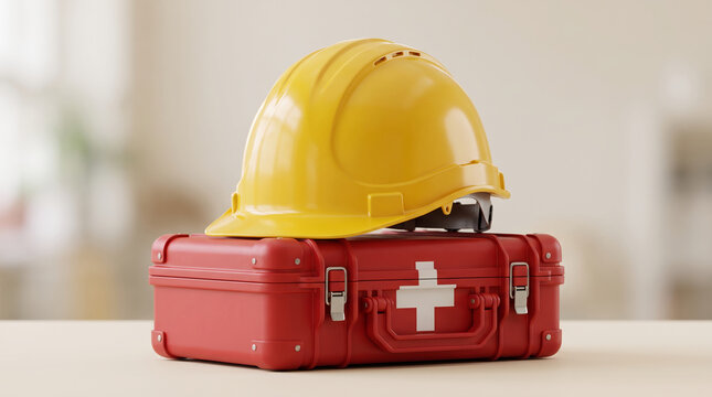 Industrial safety helmet and medical kit, with yellow hardhat sitting on red first aid box, placed on clean light wooden surface, in bright office interior, workplace safety equipment 3d render