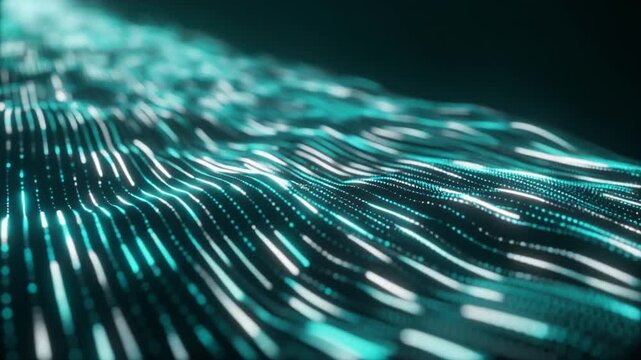 Abstract digital fabric woven from luminous fiber optic threads, cyan and white data pulses flowing through holographic surface with futuristic AI and next generation computing aesthetic.