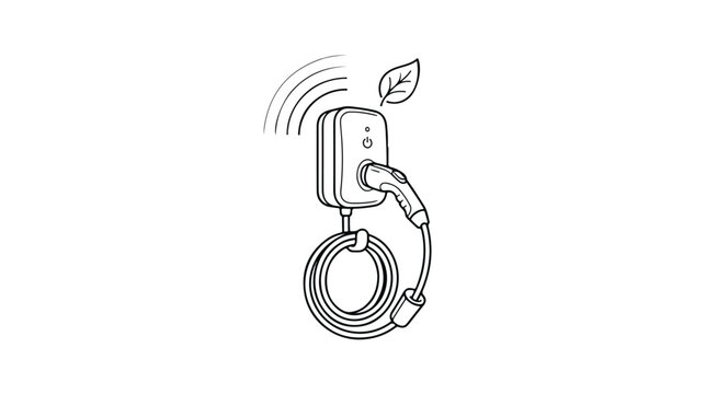 Minimalist electric vehicle charging station icon, hand drawn EV wallbox charger with cable, eco friendly green energy power point vector