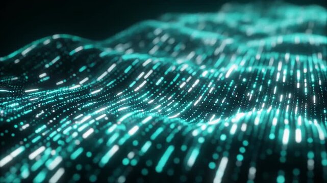 Abstract digital fabric woven from luminous fiber optic threads, cyan and white data pulses flowing through holographic surface with futuristic AI and next generation computing aesthetic.