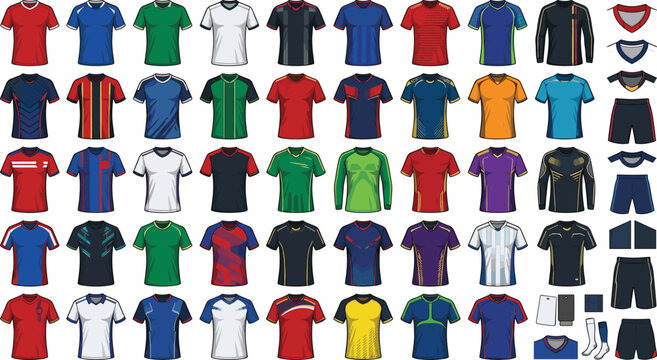 Sports jersey mockup template collection vector set featuring colorful soccer shirts football kit designs athletic activewear uniforms shorts socks and collar options
