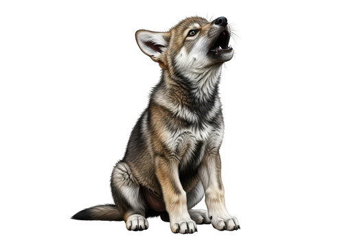A cute little wolf pup sitting and howling at the sky in a natural wilderness isolated on transparent background