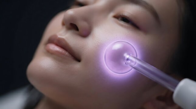 High Frequency Facial Treatment Using Neon Gas Electrode On Woman Skin For Professional Skincare