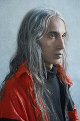 Side profile portrait of a stylish middle eastern man with long silver hair looking away thoughtfully © Tarikh Jumeer
