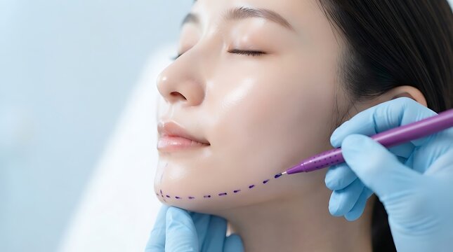 Cosmetic Surgery Facial Marking on Asian Woman Face for Plastic Surgery Procedure Planning