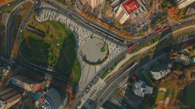 A bird's-eye view from orbit of the Rene Schneider Monument in Las Condes, Santiago, Chile