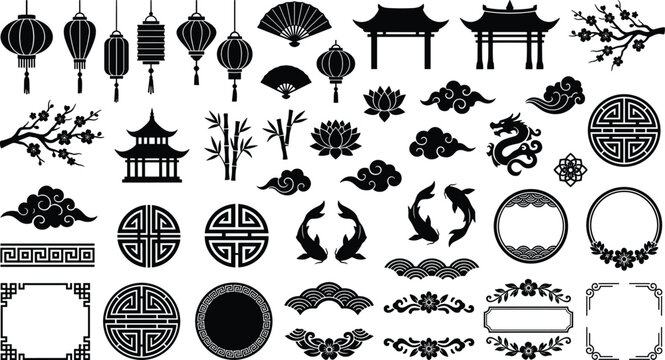 Traditional Chinese and Asian cultural ornament silhouette elements vector set featuring paper lanterns pagoda gates dragons koi fish clouds and floral decorative borders