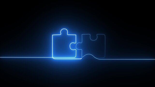 Two glowing blue puzzle pieces connecting on a dark background
