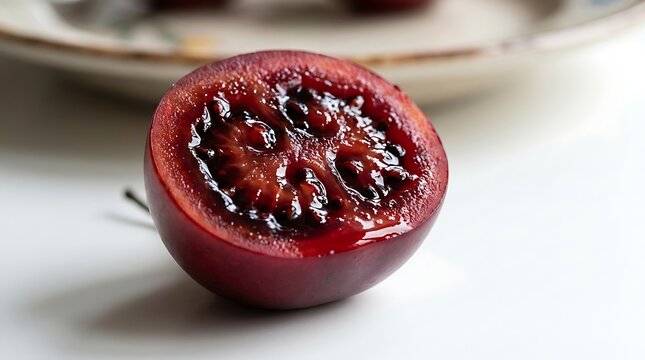 Fresh Tamarillo Fruit Half Showing Red Pulp and Seeds on White Background Table