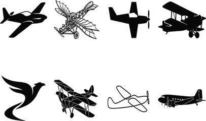 Collection of aviation and vintage airplane silhouettes featuring monoplanes retro biplanes low poly aircraft line art and flying bird logo © Mst