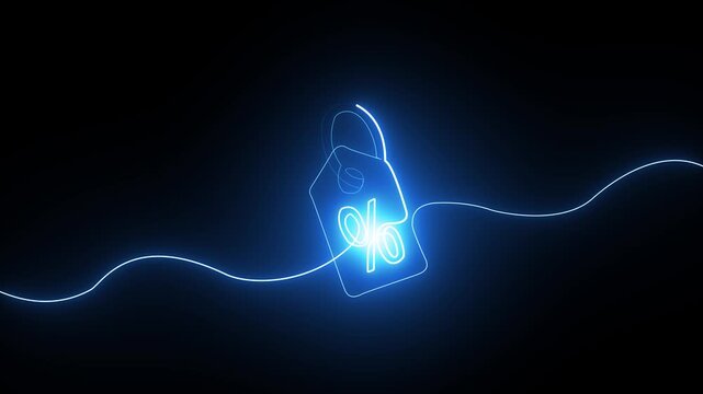 Glowing blue neon price tag icon with a continuous light line on a dark background
