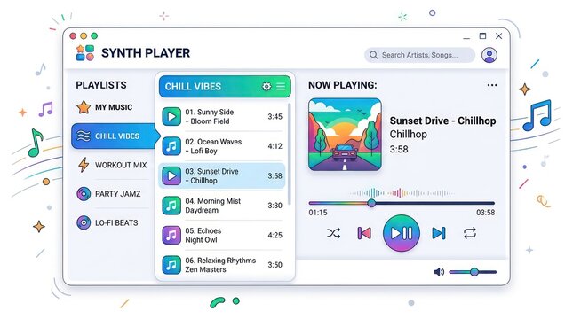 Modern music player interface design. Digital audio streaming app with playlist UI.