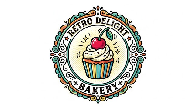 Retro Cupcake Logo - Vintage Bakery Emblem with Cherry and Ornate Border