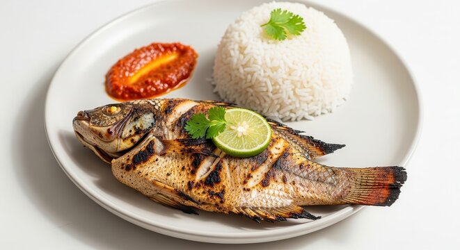 grilled fish with rice and sauce