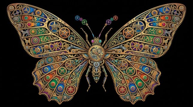 Mechanical butterfly with clockwork wings. Steampunk insect art with intricate metal gears.