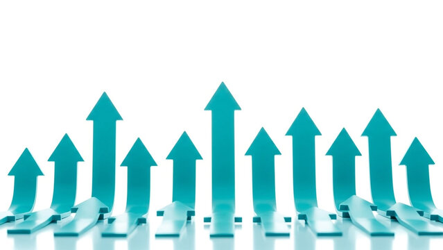 Blue arrows rising upward in a growth pattern on white background
