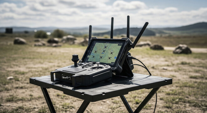 Drone remote controller with a screen displaying a map and several aircraft icons on a table outdoors