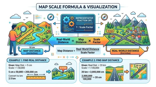 Map scale formula infographic. Educational diagram explaining cartography distance ratios.