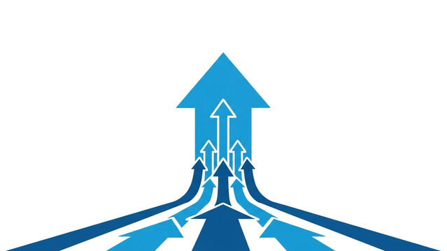 Multiple blue arrows pointing upwards in a unified direction on a white background