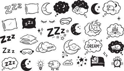 Cute hand drawn sleep icons collection: zzz, moon, stars, pillow, sheep, dream clouds, bed, alarm clock Vector