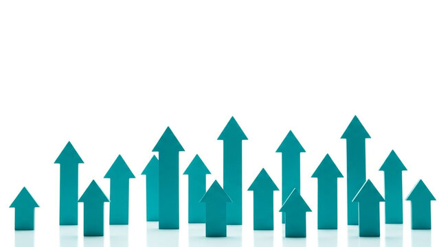 Teal arrows pointing upwards in a growth pattern on white background