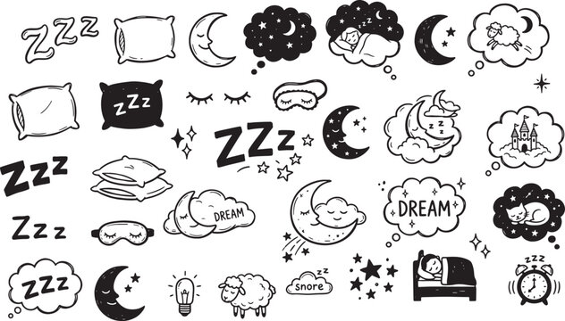 Cute hand drawn sleep icons collection: zzz, moon, stars, pillow, sheep, dream clouds, bed, alarm clock Vector