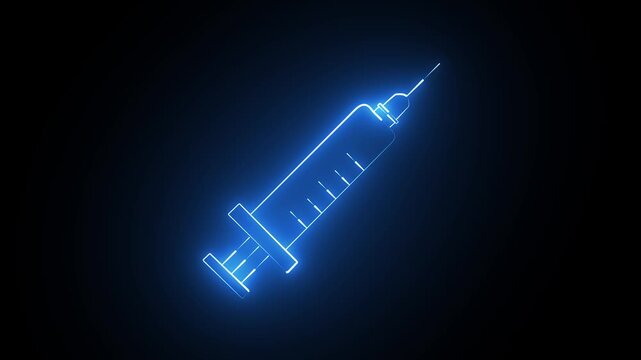 Glowing blue neon syringe icon on a dark black background