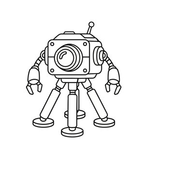 Cartoon robot with camera lens and tripod legs