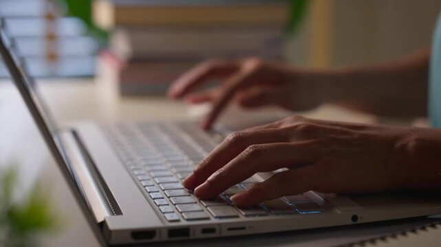Close-up of female hands typing on laptop keyboard.