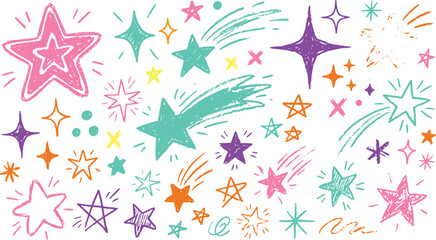 Collection of colorful hand-drawn stars and shooting stars with sparkle effects, doodle art style Vector © FocusNest