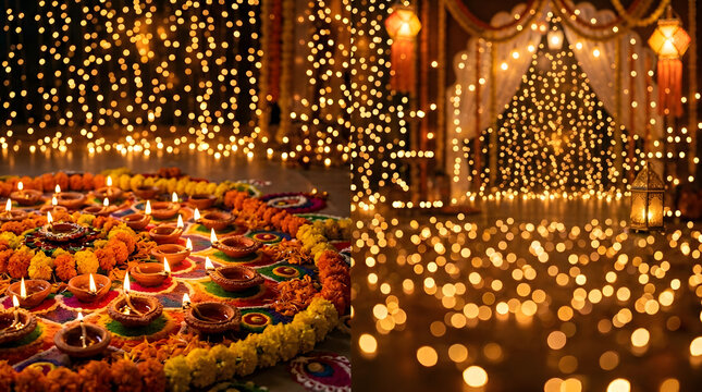 Diwali festival of lights with many diyas and flowers.