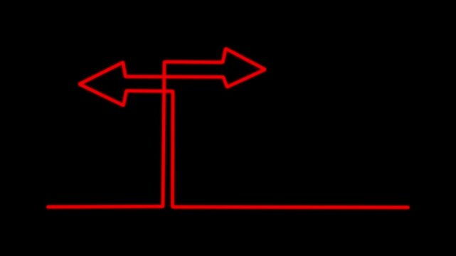 Animated line art split directional signpost on black background, business strategy and path choice concept