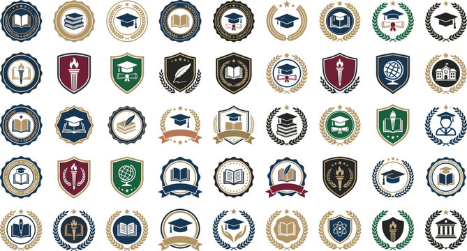 University education emblem bundle and school graduation badge vector set featuring vintage academy crests heraldic shields graduation caps books and laurel wreaths