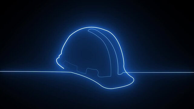 Glowing blue neon light hard hat construction helmet outline on a dark black background