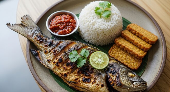 grilled fish with rice and tempeh