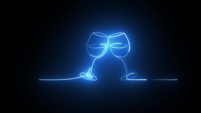 Two wine glasses clinking together with a glowing blue neon light effect on a black background