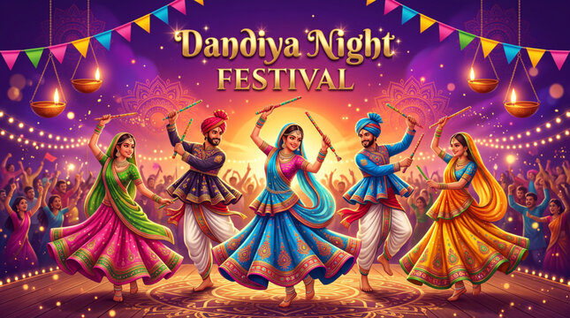 Dandiya Night Festival Celebration with Traditional Garba Dancers Performing During Navratri Cultural Event