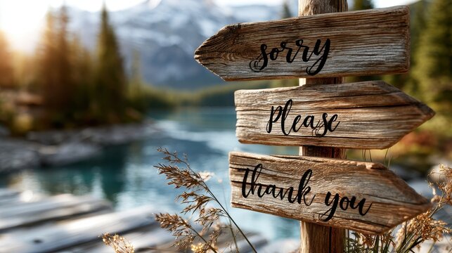Rustic wooden sign with "Sorry," "Please," "Thank You" arrows by a lake and mountains at sunset, symbolizing good.