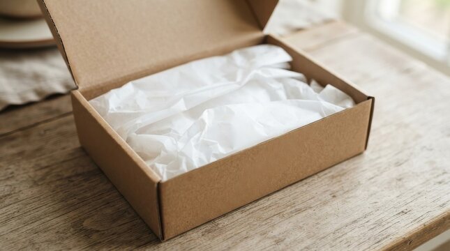 Open cardboard shipping box with white tissue paper on wooden table